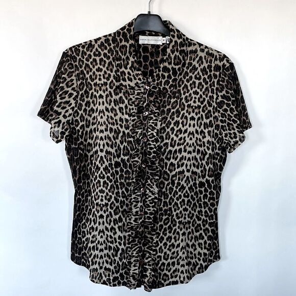Dana Buchman Stretchy Leopard Shirt with Ruffle Placket, M - Picture 1 of 6